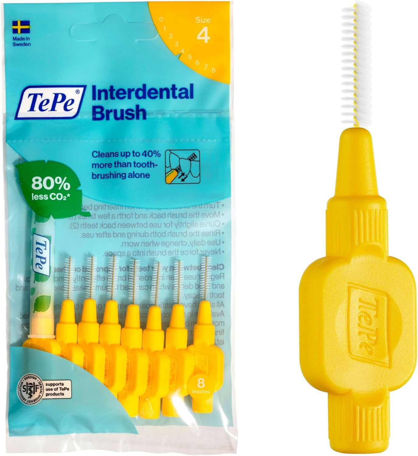 TePe Interdental Brush, Original, Yellow, 0.7mm/ISO 4, 8pcs, efficient Cleaning Between Teeth, Plaque Remover and Dental flosser for Small Gaps