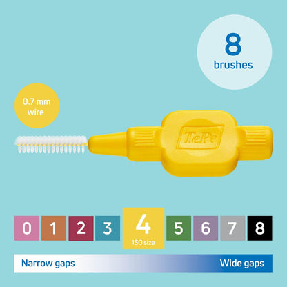 TePe Interdental Brush, Original, Yellow, 0.7mm/ISO 4, 8pcs, efficient Cleaning Between Teeth, Plaque Remover and Dental flosser for Small Gaps