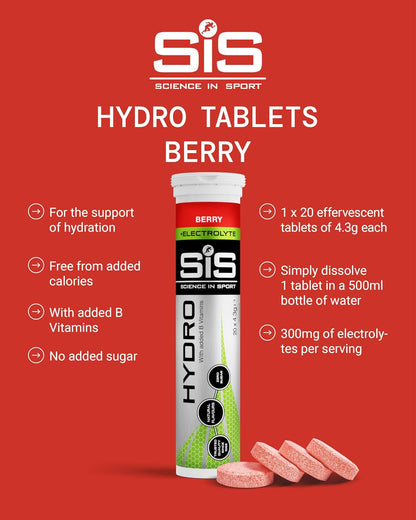 Science in Sport Hydro Electrolyte Tablets 20 pcs. Berry – Vegan & Gluten-Free, Ideal to Promote Hydration and Maintain Electrolytes Balance (Packaging May Vary)