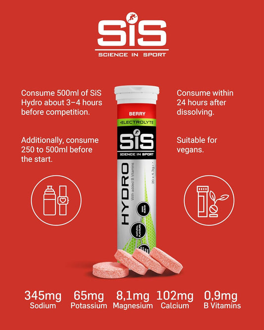 Science in Sport Hydro Electrolyte Tablets 20 pcs. Berry – Vegan & Gluten-Free, Ideal to Promote Hydration and Maintain Electrolytes Balance (Packaging May Vary)